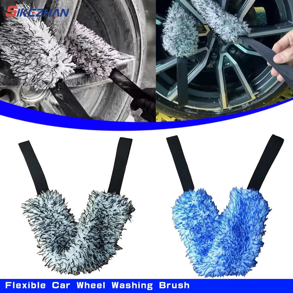 SIKEZHAN Microfiber Double-Sided Flexible Car Wheel Cleaning Brush with Long Belt Tool
