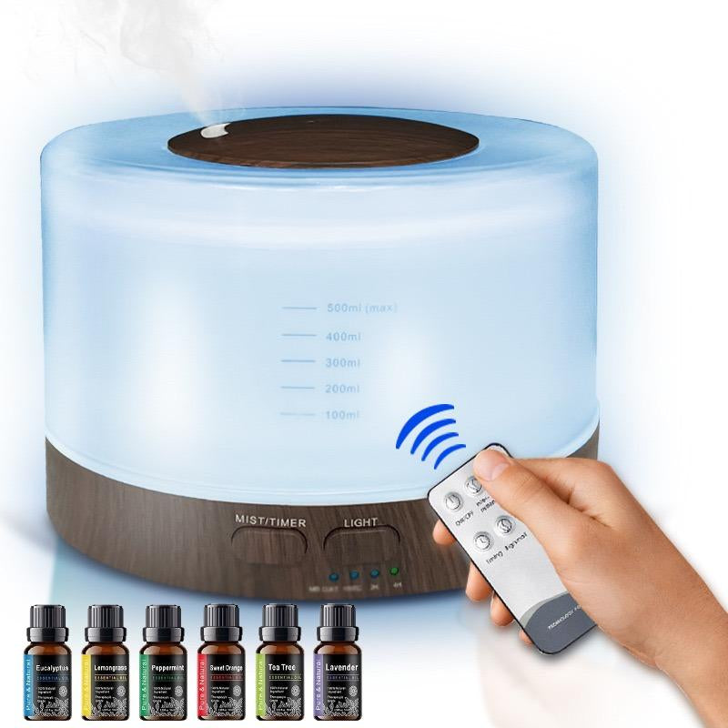 500Ml Wood Grain Essential Oil Aroma Diffuser Humidifier - Remote Control Ultrasonic Cool Mist Air Purifier with Night Light, Waterless Fragrance Oil Diffuser, Home Humidifier, Anxiety & Flower Humidifier, Includes 6 Oils Salt Lamp